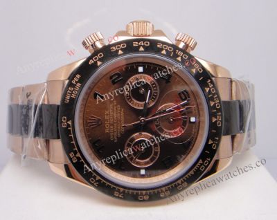 Rose Gold & Black Rolex Cosmograph Daytona Watch Brown Arabic Dial